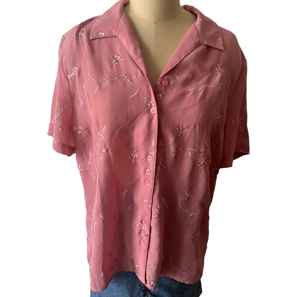 Vintage Notations Pink Embroidered Blouse XL Button Up Floral Sheer Y2K Coquette